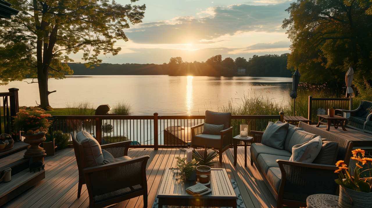 A beautiful lake with a sunset in the background. A wooden deck with a patio area with several chairs and couches