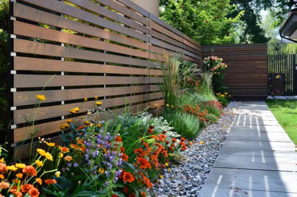 modern wood fencing with flower garden