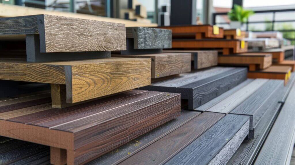 A display of recycled plastic decking and waterresistant wood composite materials used for outdoor spaces and balconies