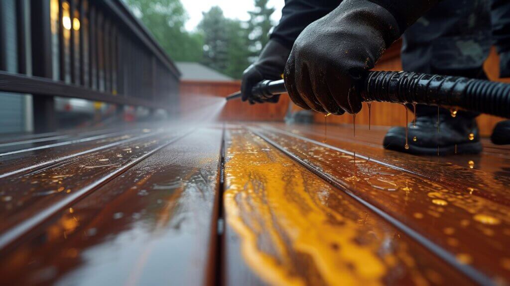 A pair of hands using a power sprayer to clean decking