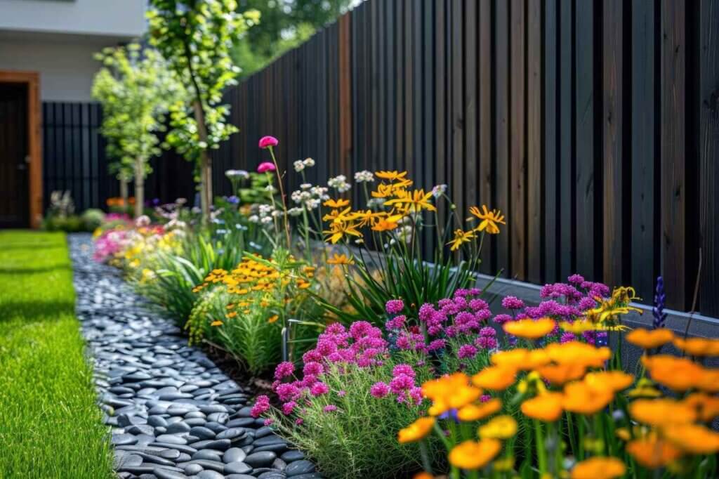 black and brown fencing with flower garden