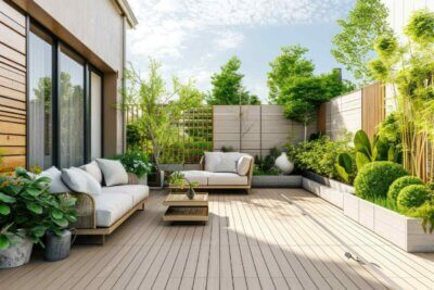 modern terrace with beautiful decking and fencing