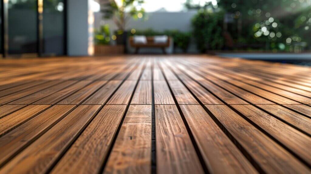 Sunlit wooden decking with lush greenery in the background