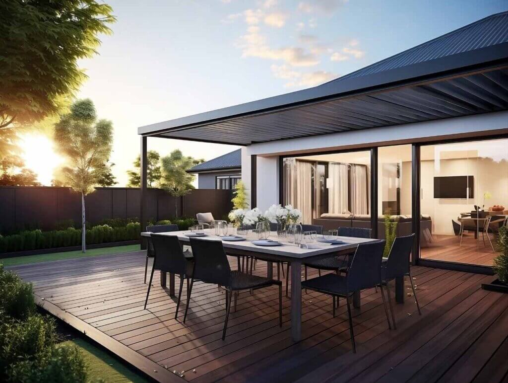 Modern terrace with large dining table and decking