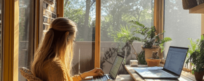 A woman working in a screened sunroom deck