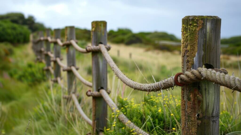 wooden fence posts with ropes attached