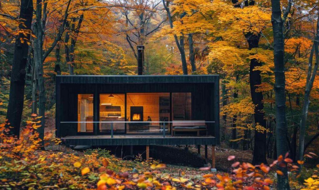 cozy modern cabin in the middle of a forest