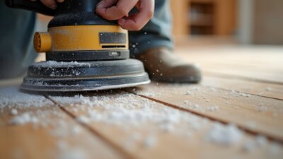 close up of a hand holding an electric sander