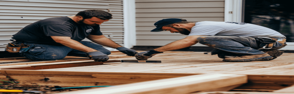 Two men building decking together