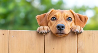 dog peeking above a wooden fence