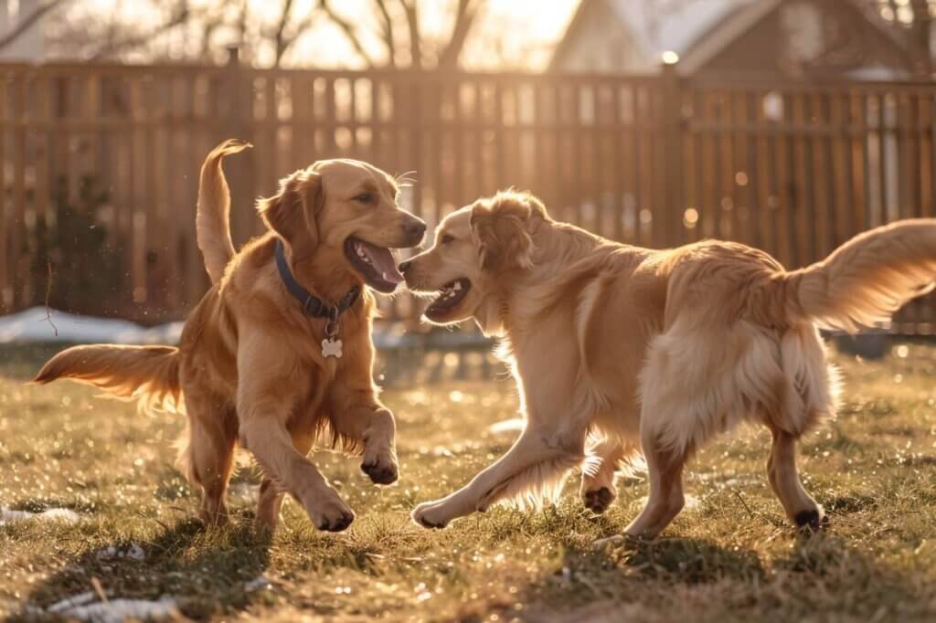 two cute dogs playing in the yard with wooden fencing on the background