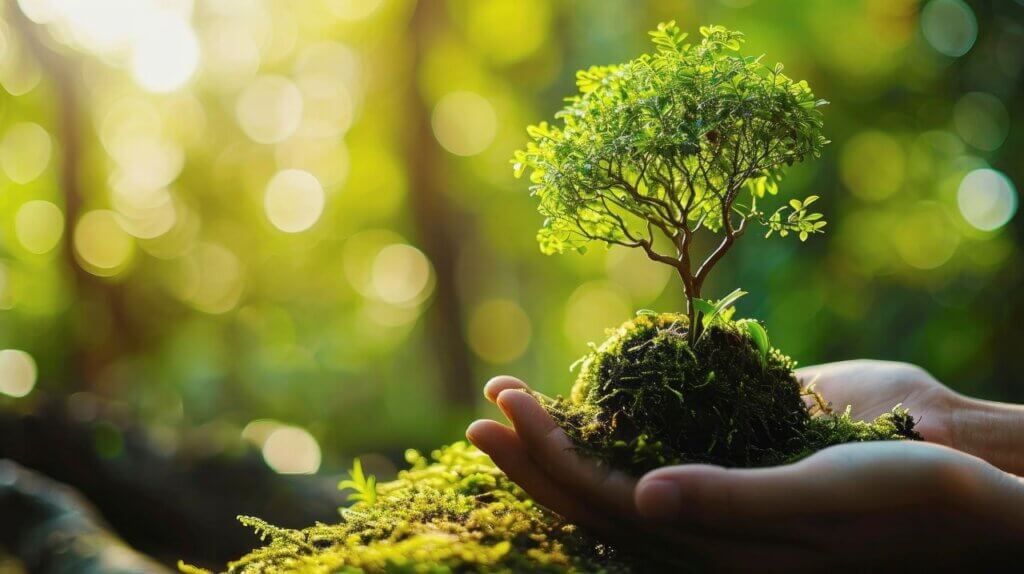 person's hand holding a small tree. Sustainability concept