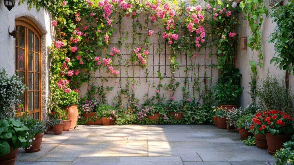 beautiful garden with wall trellis