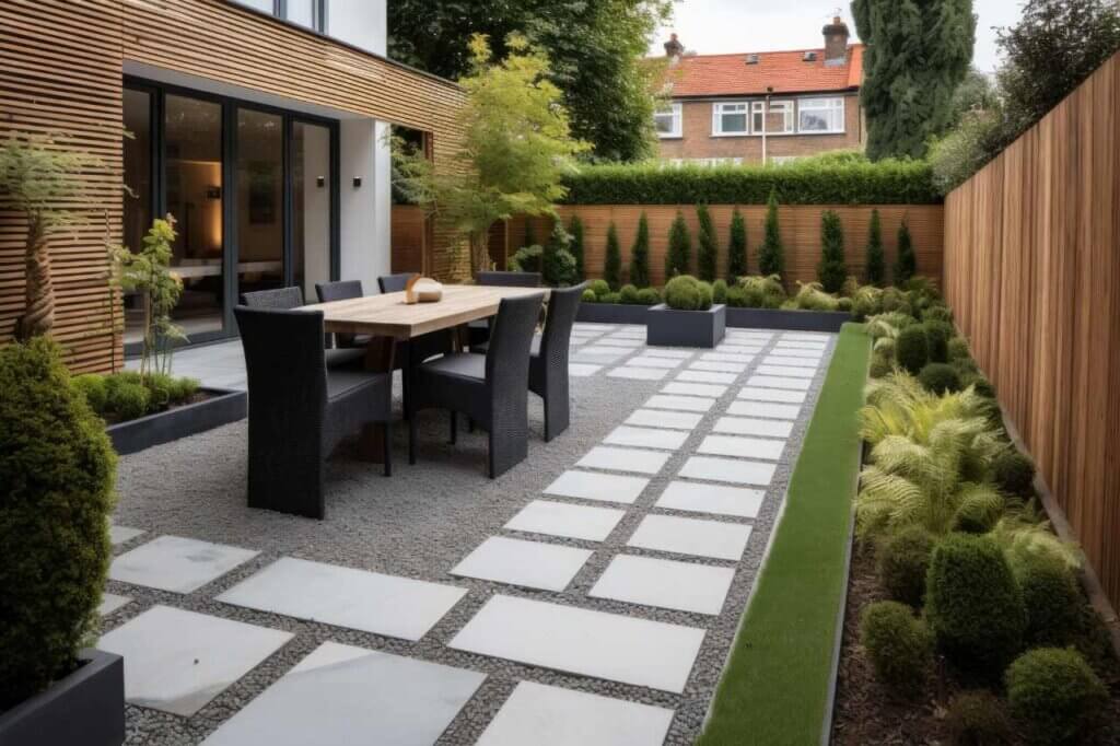 modern backyard with wooden fence installed