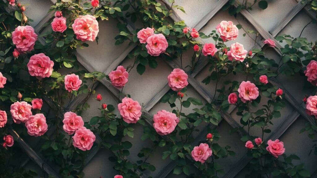 beautiful pink roses climbing up a trellis