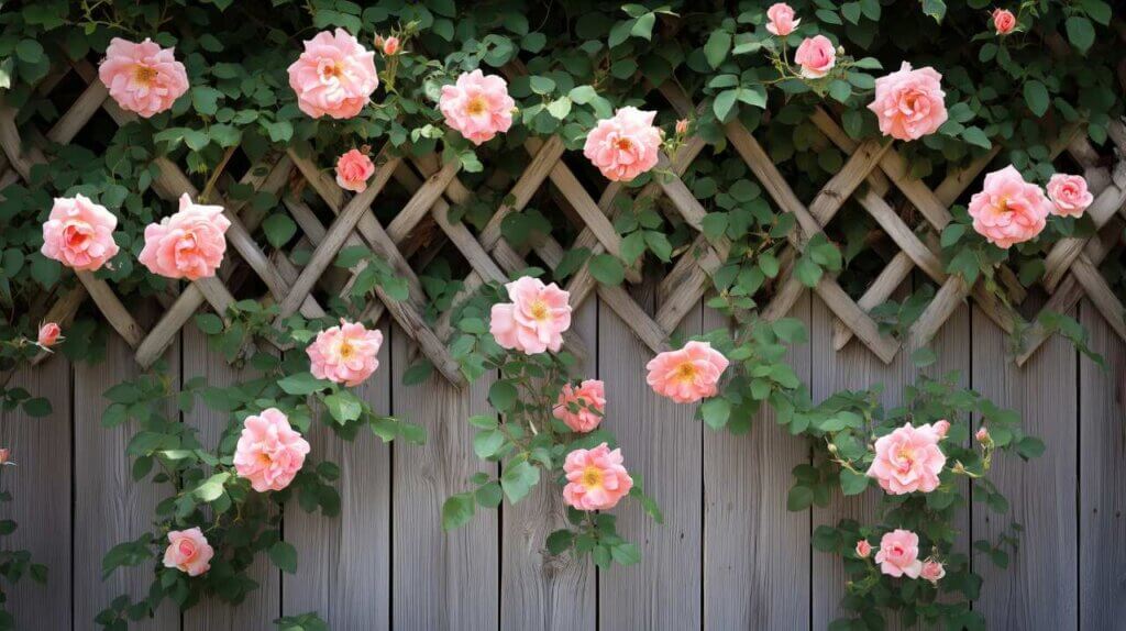 pink roses climbing along a wooden fence