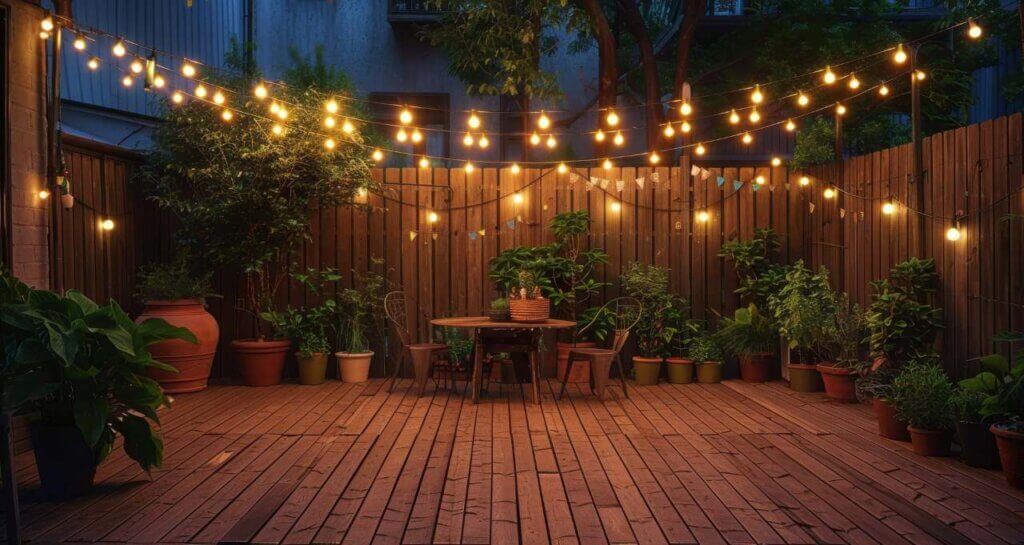 beautiful backyard with wooden deck and string lights