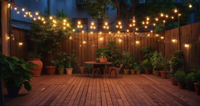 beautiful backyard with wooden deck and string lights