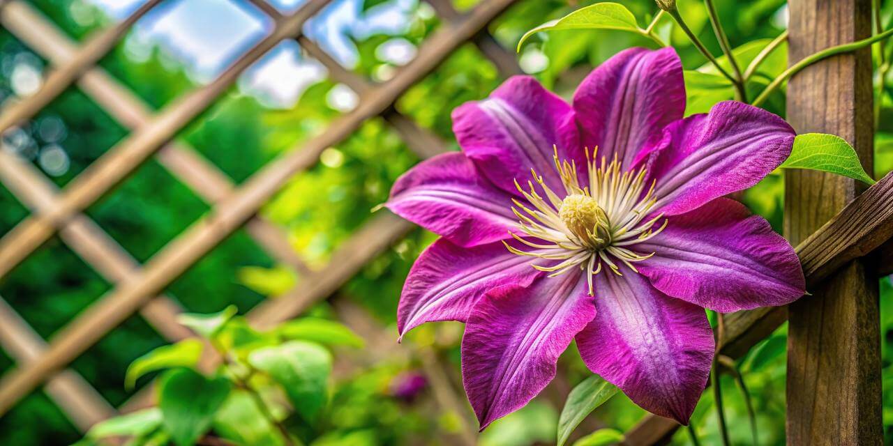 Clematis flower on trellis with green leaves blooming