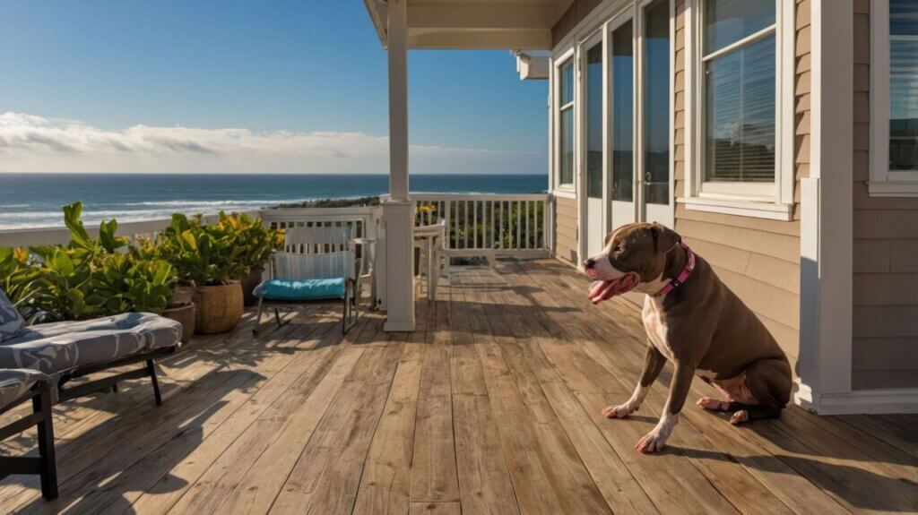 A dog rests on a wooden deck with an ocean view