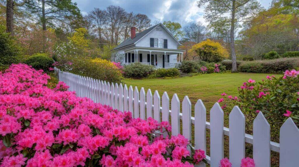 pink azaleas blooming in front of white picket fence