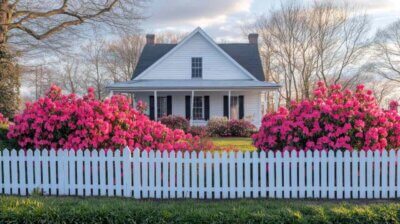 Blooming azaleas line a white picket fence in a suburban neighborhood