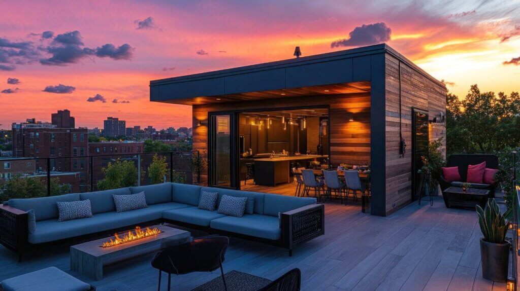 Modern rooftop apartment with fire pit and city view at sunset