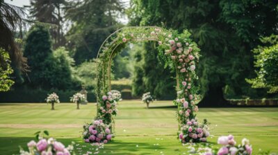 trellis arch with beautiful flowers climbing