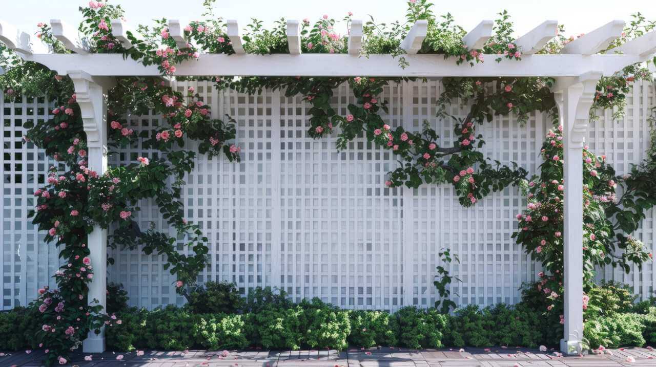 beautiful white pergola with trellis and climbing flowers