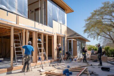 construction workers working on a newly built house