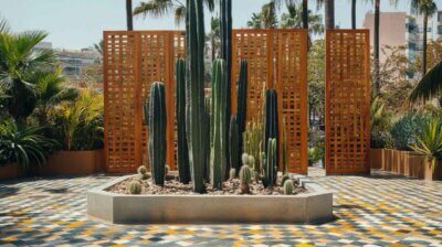 garden with cactus and privacy screens at the back