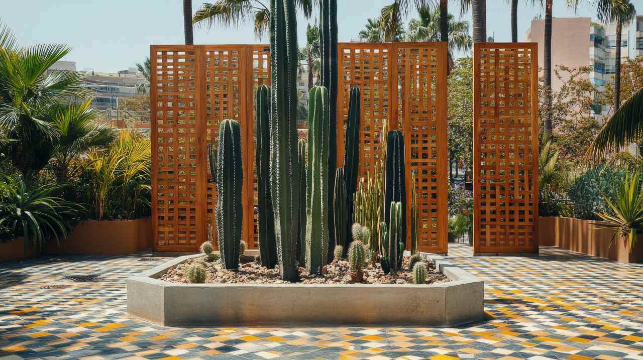 garden with cactus and privacy screens at the back