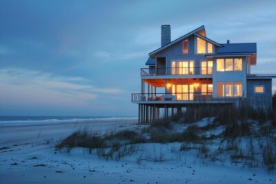 Beach house glowing at twilight on the coast