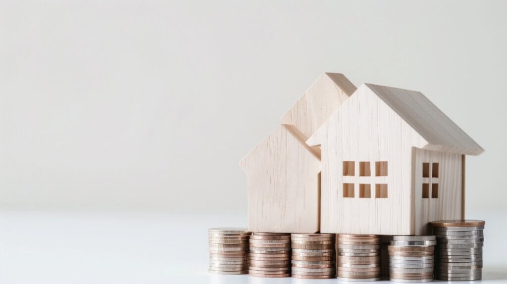 A wooden house with a pile of coins surrounding it