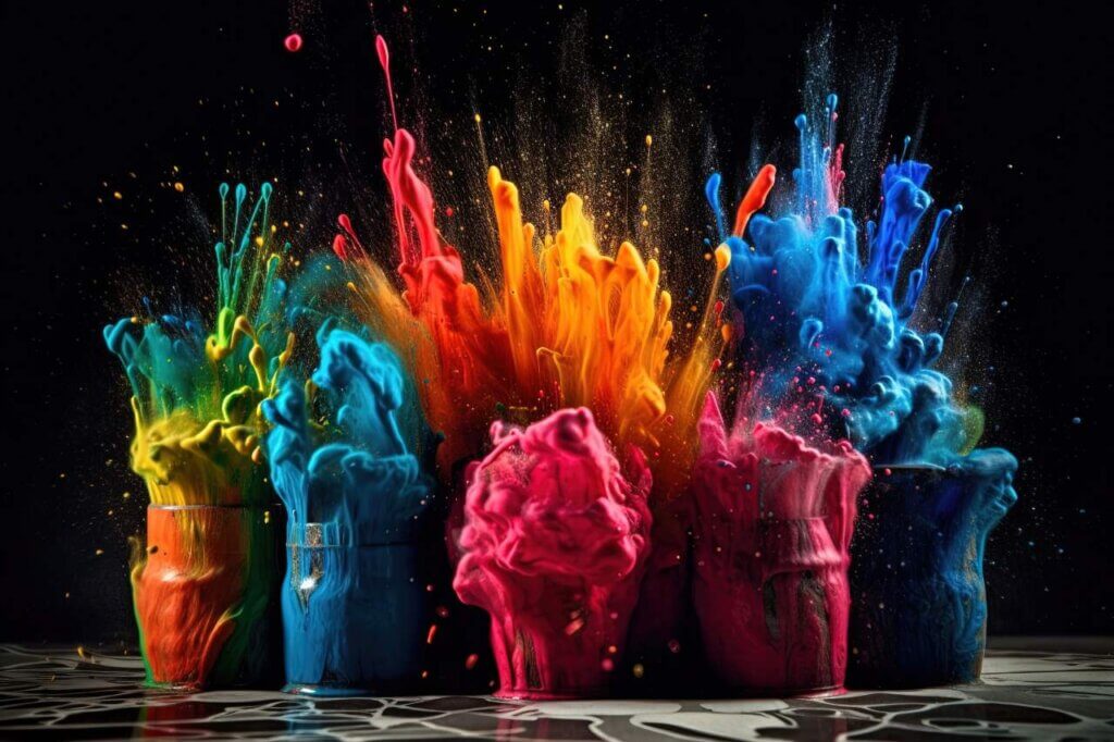 
Burst of colorful paints exploding out of their cans