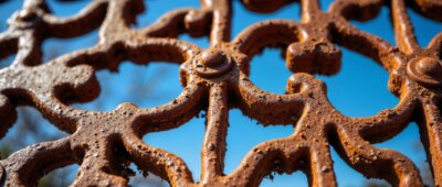 close up shot of a rusted metal fence