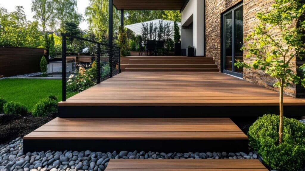 modern deck and stairs featuring wooden elements and black railing