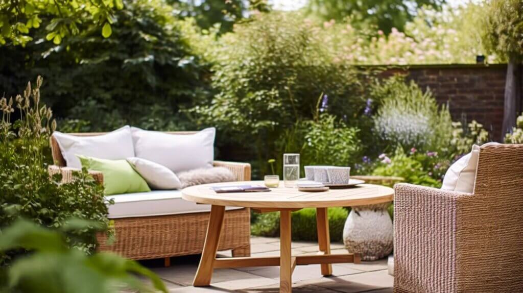 patio with comfortable couch and coffee table