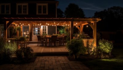 outdoor deck illuminated by string lights