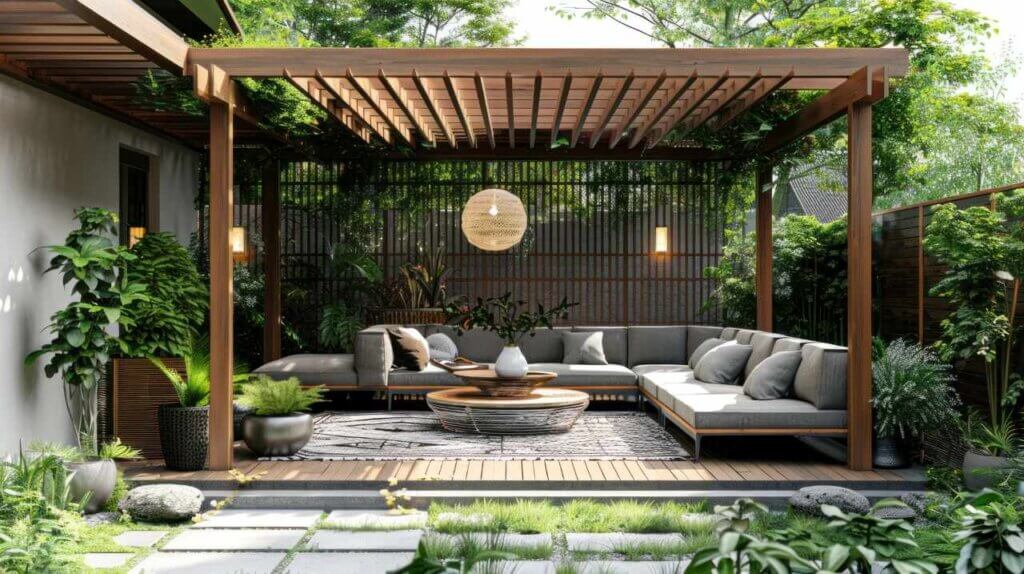 Beautiful modern terrace with wooden pergola and potted plants