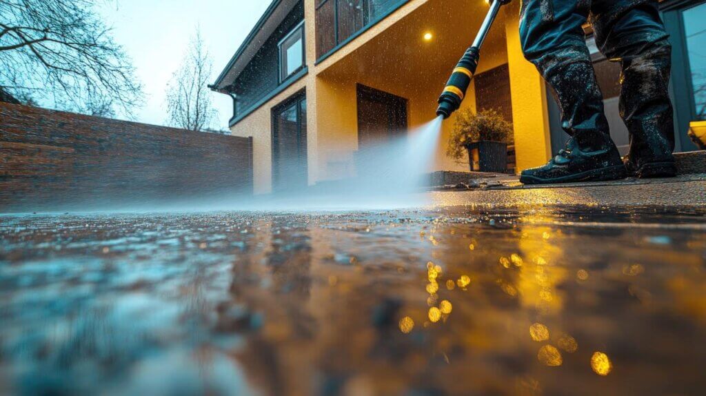 garage floor being washed with pressure washer