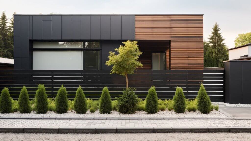 beautiful home with black colored horizontal fence