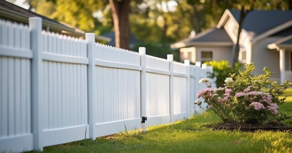 vinyl fence in a backyard with flowers and green grass