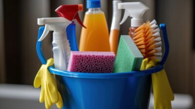 cleaning supplies in a pail