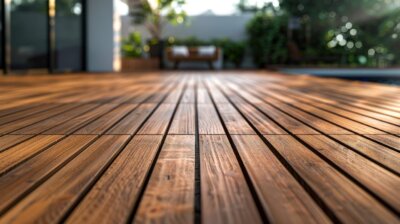 Refinished wooden decking with lush greenery in the background