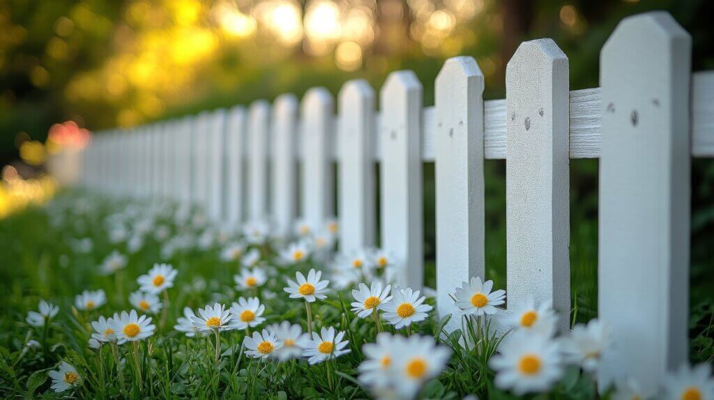 short white fence and a flower garden